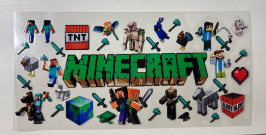 Minecraft-themed decorative wall art with character figures and pixelated elements on a white background